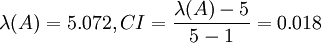 \lambda(A)=5.072,CI=\frac{\lambda(A)-5}{5-1}=0.018