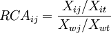 RCA_{ij}=\frac{X_{ij}/X_{it}}{X_{wj}/X_{wt}}