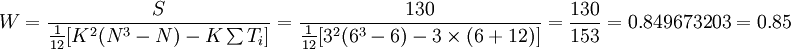S=\sum_{1}^6 R_i^2-\frac{1}{2}(\sum_{1}^6 R_i)^2=791.5-\frac{1}{6}\times63=130.00