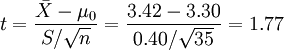 t=\frac{\bar{X}-\mu_0}{S/\sqrt{n}}=\frac{3.42-3.30}{0.40/\sqrt{35}}=1.77