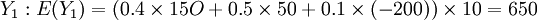 Y_1:E(Y_1)=(0.4\times 15O+0.5\times 50+0.1\times (-200))\times 10=650