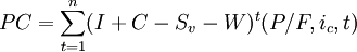 PC=\sum_{t=1}^n(I+C-S_v-W)^t(P/F,i_c,t)