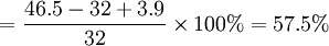 =\frac{46.5-32+3.9}{32}\times 100%=57.5%