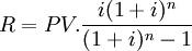 R=PV.\frac{i(1+i)^n}{(1+i)^n-1}