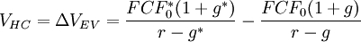 V_{HC}=\Delta V_{EV}=\frac{FCF^*_{0}(1+g^*)}{r-g^*}-\frac{FCF_0(1+g)}{r-g}