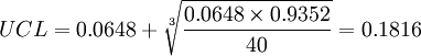 UCL=0.0648+\sqrt[3]{\frac{0.0648\times 0.9352}{40}}=0.1816