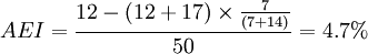 AEI=\frac{ 12-(12+17) \times {\frac {7} {(7+14)} } } {50} = 4.7%