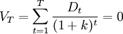 V_T=\sum_{t=1}^T\frac{D_t}{(1+k)^t}=0