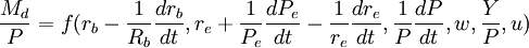 \frac{M_d}{P}=f(r_b-\frac{1}{R_b}\frac{dr_b}{dt},r_e+\frac{1}{P_e}\frac{dP_e}{dt}-\frac{1}{r_e}\frac{dr_e}{dt},\frac{1}{P}\frac{dP}{dt},w,\frac{Y}{P},u)