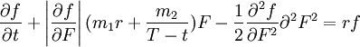 \frac{\partial f}{\partial t}+\left|\frac{\partial f}{\partial F}\right|(m_1 r+\frac{m_2}{T-t})F-\frac{1}{2}\frac{\partial^2 f}{\partial F^2}\partial^2 F^2=rf