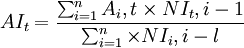 AI_t=\frac{\sum_{i=1}^nA_i,t\times NI_t,i-1}{\sum_{i=1}^n\times NI_i,i-l}